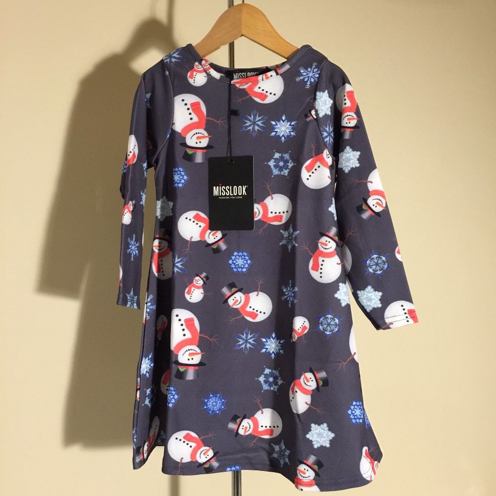 Misslook Girls Dress Snowman Snowflake Winter Christmas Holiday Size 6-7 Years